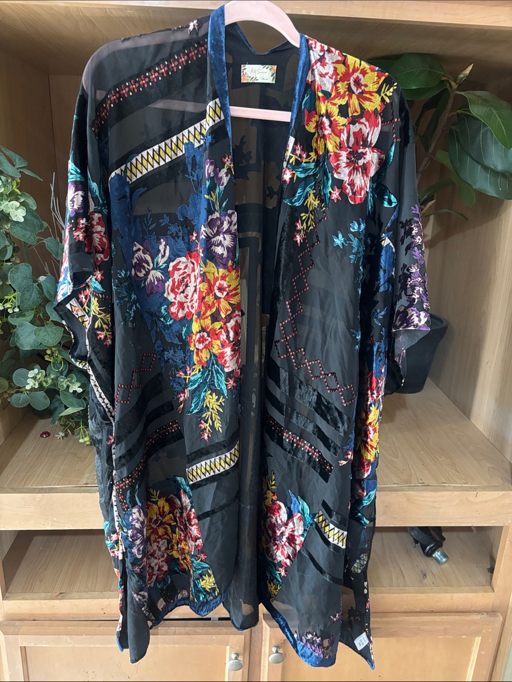 MJ SERECA Floral Burnout Velvet Kimono Duster Cardigan Boho One size